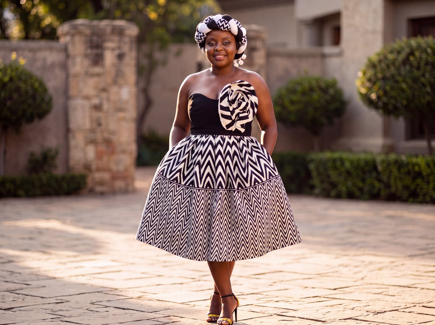 The Barrel worn with a matching black and white dress