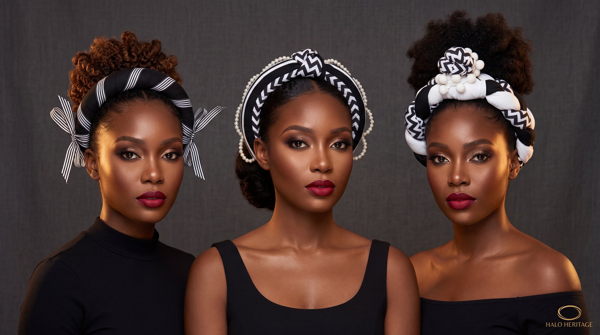 Three headwraps side by side: the Ribbon, the Pearl and the Pom-pom